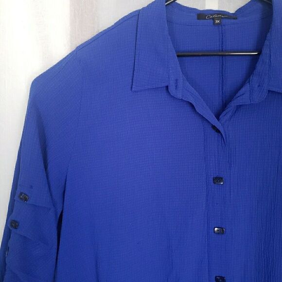 Caleloos Woman's Blouse Size 3XL Royal Blue Button Detail Long Sleeves Button Up - Picture 4 of 11